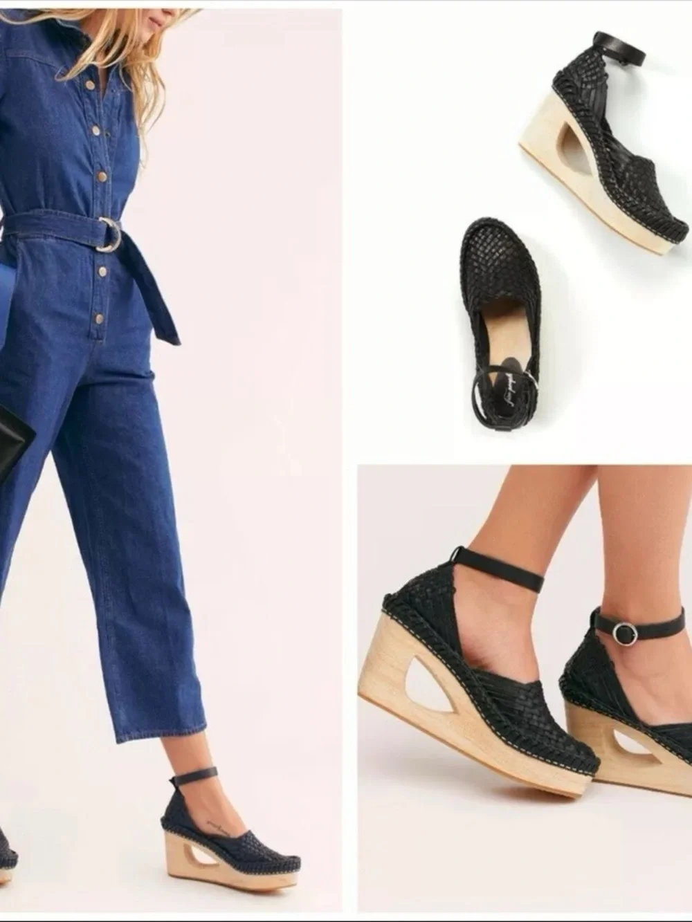 Free People women Black leather Woven Ankle-Strap Platform Wedges sandals US 8
